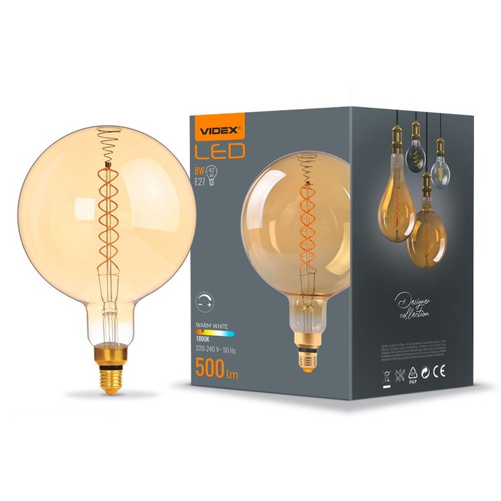 Bec decorativ G200, VIDEX, 8W, 500lm, 1800K, E27, culoare amber