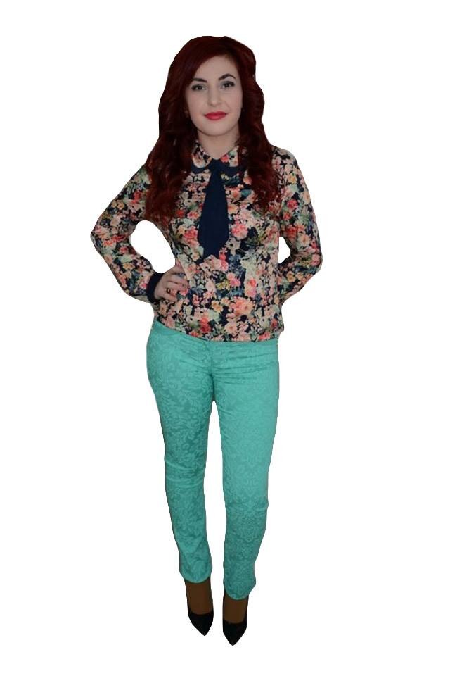 Pantaloni trendy, imprimeu abstract,D&J Exclusive, Turcoaz