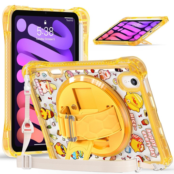 Husa tableta pentru iPad mini 2024, Rotire model DIY, Grip, Transparent PC, TPU, Curea umar, Yellow Ducks