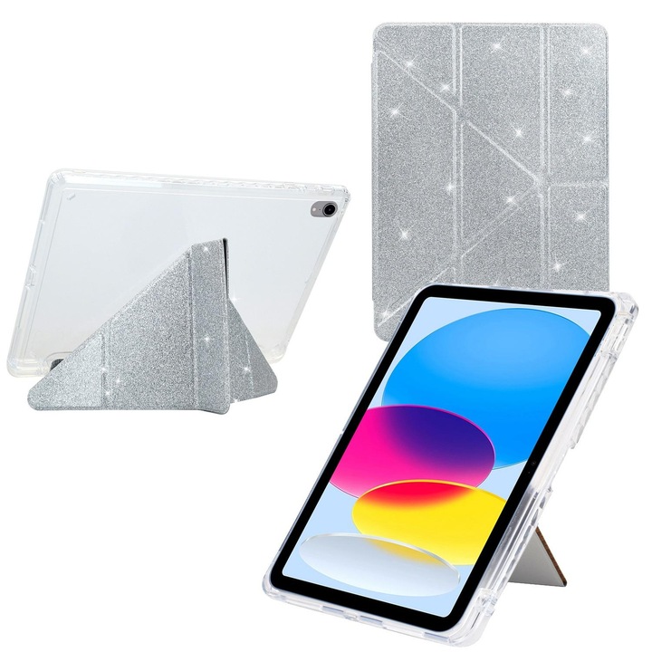 Husa tableta pentru iPad mini 2024, Y-Pliere, Acrilic transparent cu glitter, Piele inteligenta, Argintiu