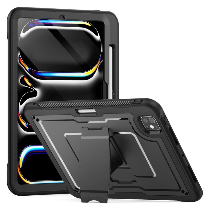 Husa tableta pentru iPad Pro 11 2024, model fagure cu suport, TPE, PC, Negru