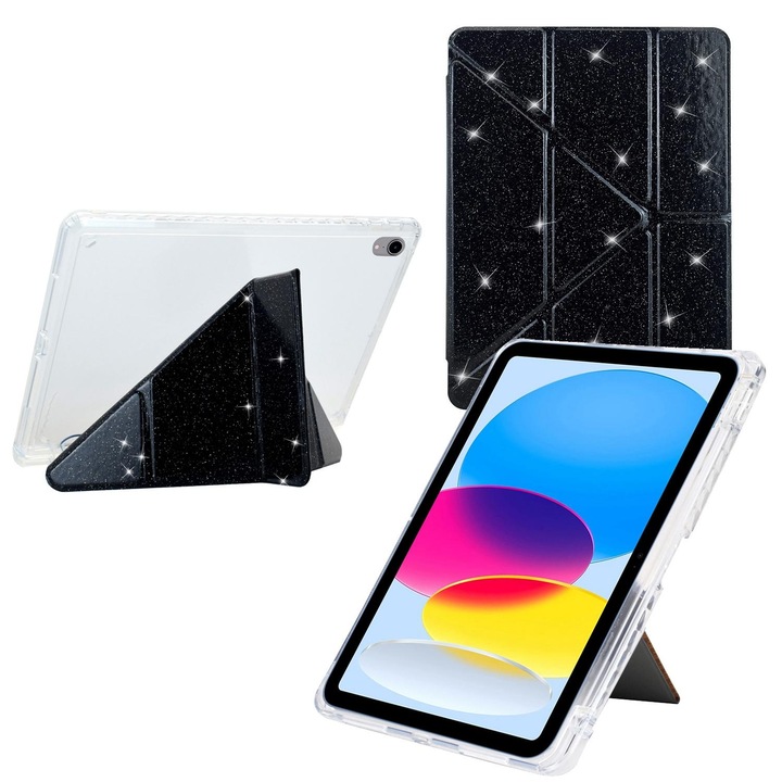 Husa tableta pentru iPad mini 2024, Y-Pliere, Clear Acrylic, Glitter, Negru