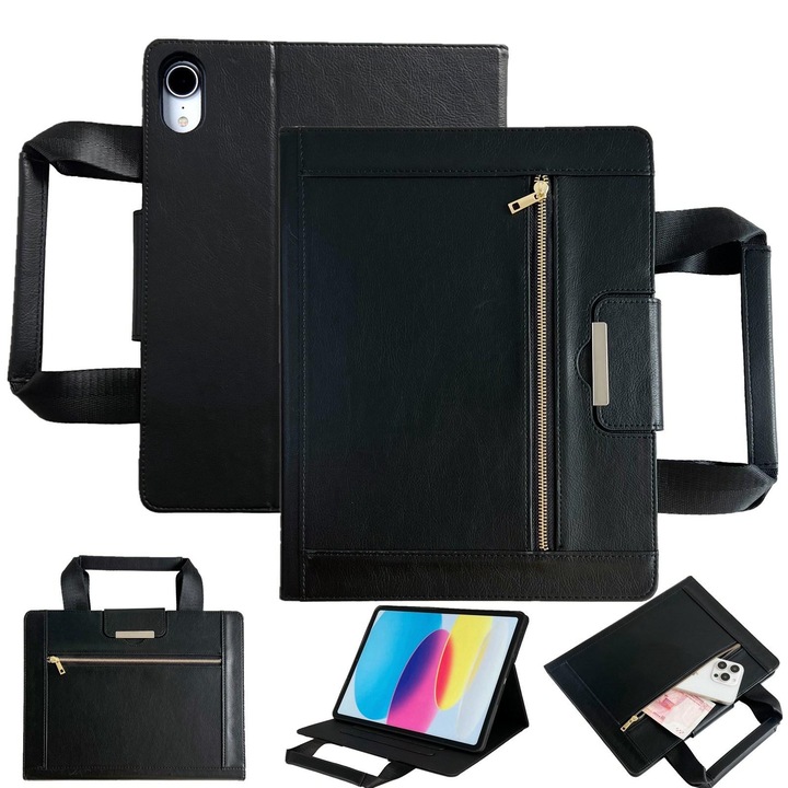 Husa tableta pentru iPad mini 2024 - Zipper Handle, Retro Inteligent Piele, Negru