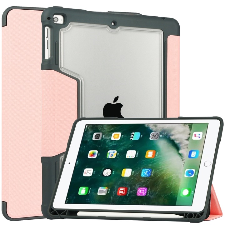 Husa premium pentru tableta iPad (A16) 11 inch 2025, iPad 10,9 inch 2022, cu suport pentru pix, husa inteligenta cu suport triplu, rezistenta la caderi de calitate militara, Roz/Transparenta