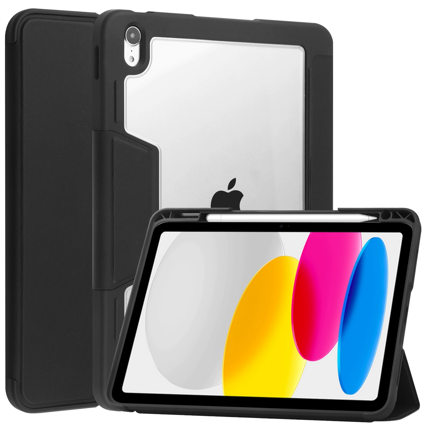 Husa premium pentru tableta iPad (A16) 11 inch 2025, iPad 10, 9 inch 2022, cu suport pentru pix, husa inteligenta cu suport triplu, rezistenta la caderi de calitate militara, Negru/Transparenta