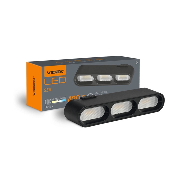 LED спот за система за осветление на релса, Videx VL-TRMS-LD13B, 420 lm, 4000 K, черен, размери 26x120x24 мм