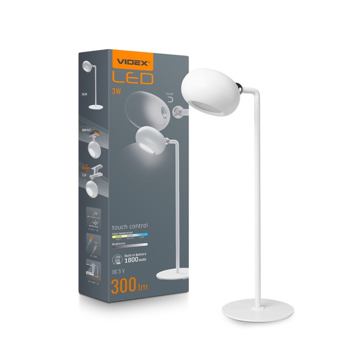 Lampa birou LED cu acumulator VIDEX, 300 lm, alb, 356x120x120 mm