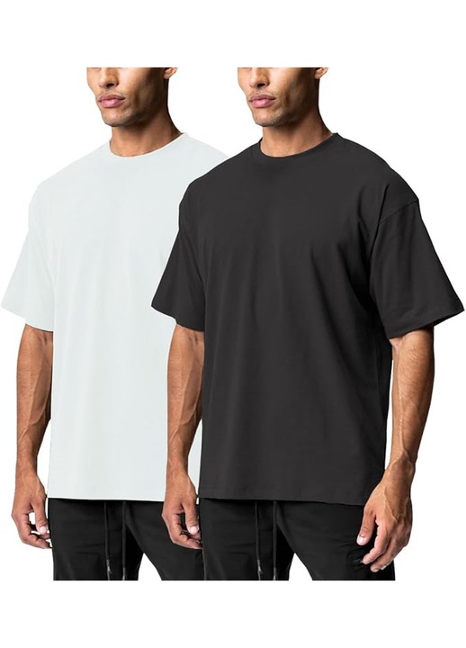 Set tricouri barbati XYKJFIT, marimea M, bumbac, casual, sport, oversized, maneca scurta, culoare alb si negru