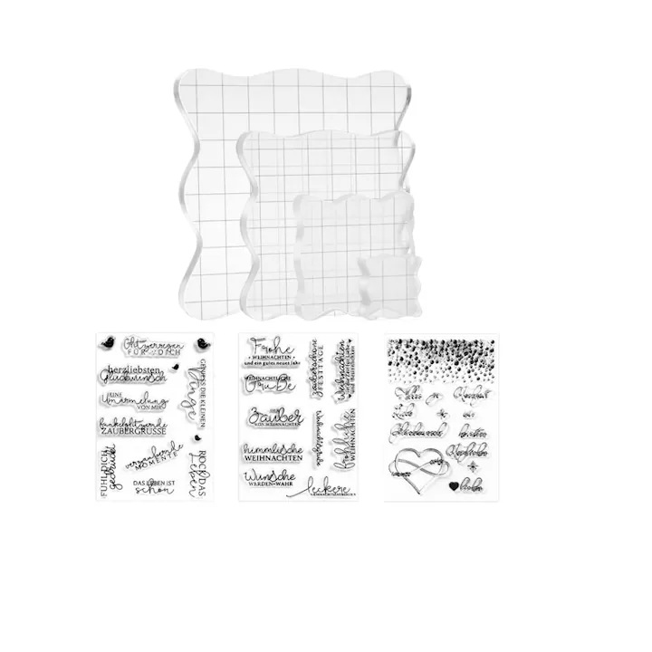 Set 4 matrițe timbre, 4 foi stickere, acril, transparent, 10x10cm, 7, 5x7, 5cm, 5x5cm