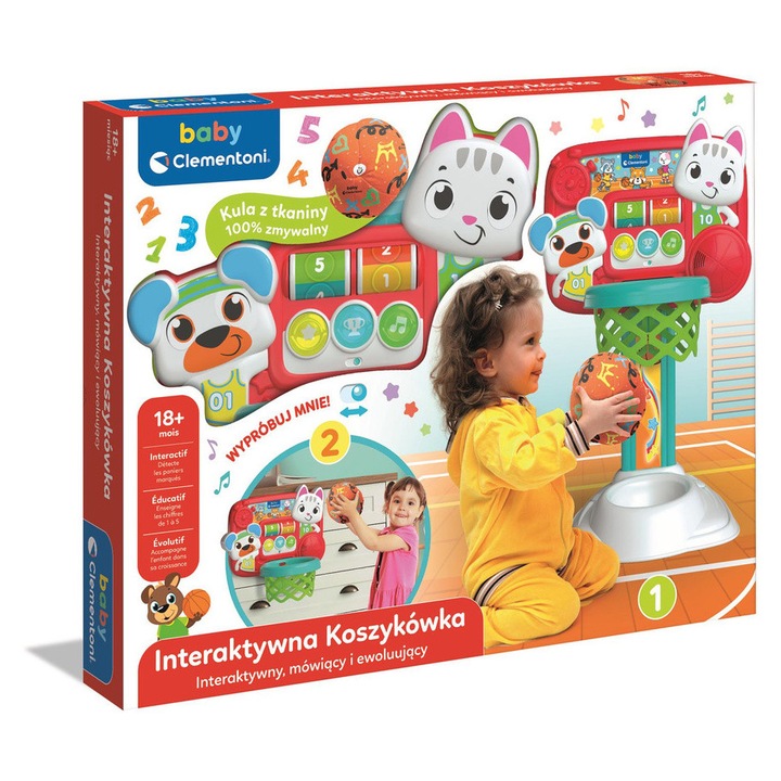 Интерактивна играчка за бебета, Clementoni, баскетболен кош, 50x40x7см, със звуци, за деца 18 месеца+