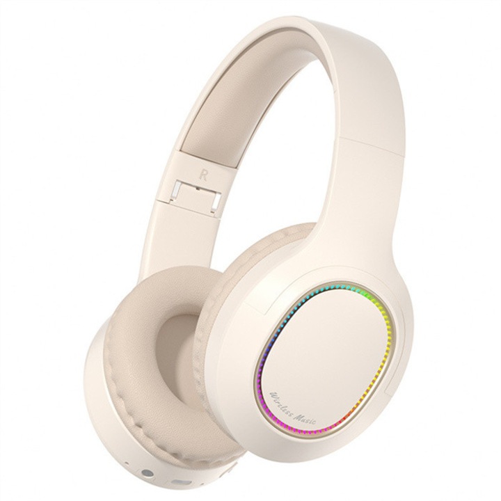 Безжични геймърски слушалки Over-Ear, стерео звук, RGB LED осветление, бяло-жълти, 40 часа автономност