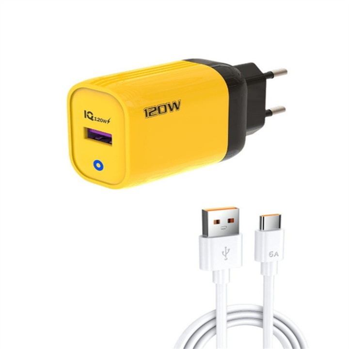 Hálózati töltő szett, USB-C, 120W, sárga/fehér, 1.5M kábel