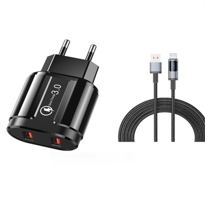 Hálózati töltő, 1M USB kábellel, 2 portos QC3.0, fekete