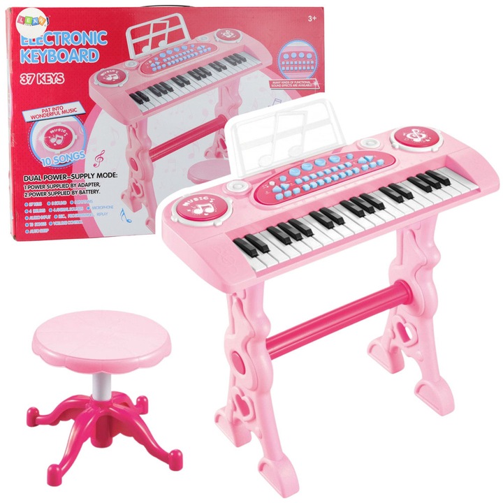 Pianino electronic pentru copii, 37 clape, roz, cu microfon si scaun