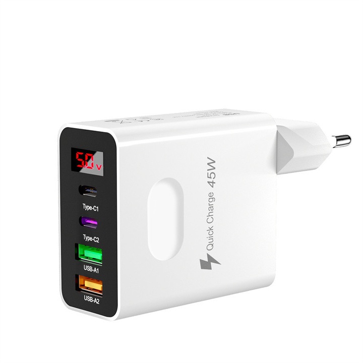 Încărcător rețea, 45W, 4 porturi USB-C și USB-A, alb