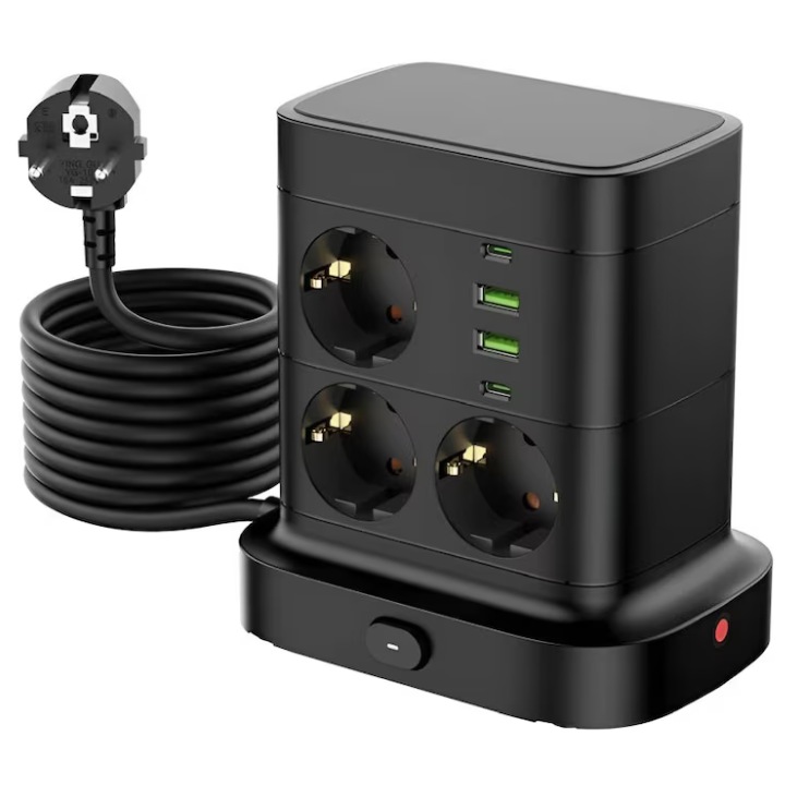 Prelungitor Tip Turn Vertical Staryon, 7 prize EU, 4 porturi USB, 2500W, negru, cablu 2m