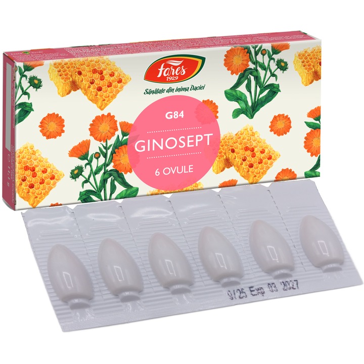 Ovule Ginosept, pentru echilibrul florei vaginale, actiune calmanta, antimicrobiana si antifungica, 6buc, Laboratoarele Fares