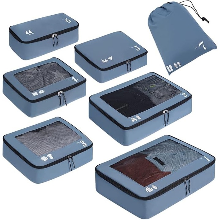 Set 8 cuburi organizatoare valiza ECOHUB, saci ambalare reciclati PET, impermeabili, lavabili la masina, cu maner si fermoar YKK, albastru, 40x30x10 cm