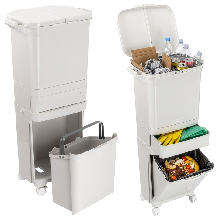 Cos de gunoi pentru reciclare, 42L, gri, cu roti si separator