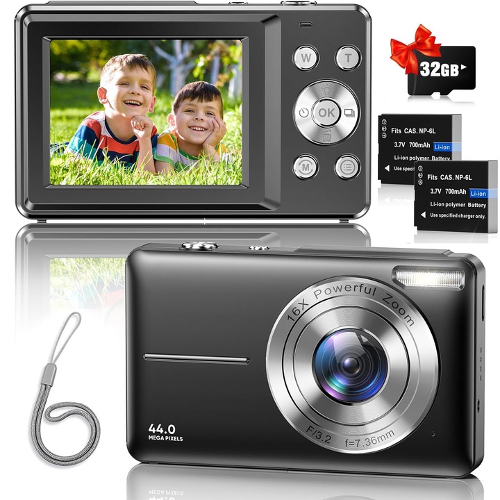 Camera Foto Digitala Compacta Bedee, FHD 1080P 44MP, Zoom Digital 16x, Negru, Ecran 2.4" cu Card SD 32GB