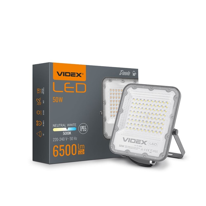 LED прожектор Videx 50W, 6500lm, 5000K, алуминий, IP65, таванен монтаж