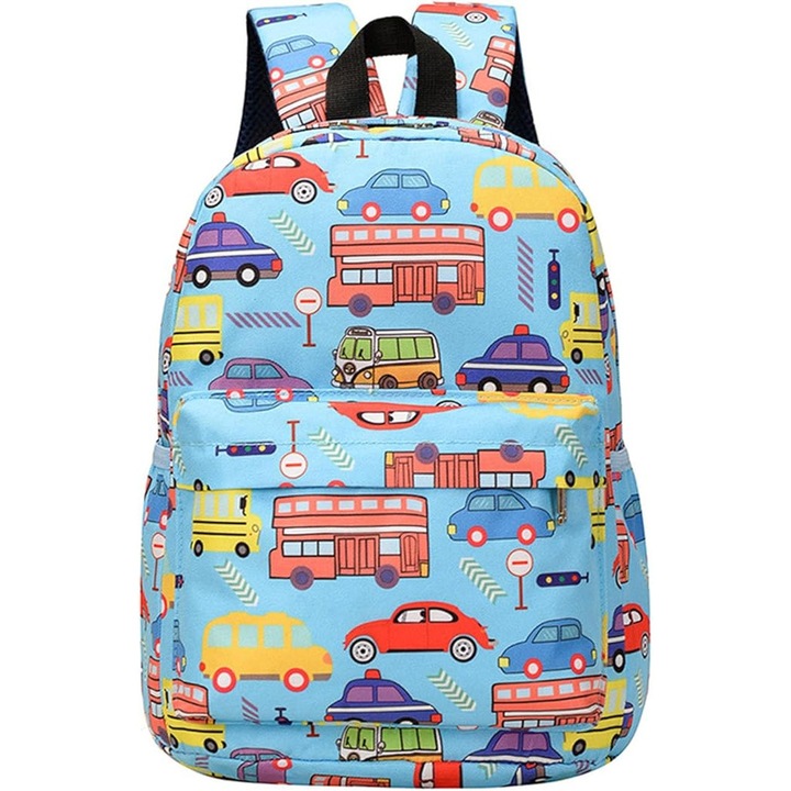 Ghiozdan gradinita copii, rucsac potrivit pentru varta 3 - 6 ani, model masini, impermeabil, rezistent albastru, 33 x 25 x 15 cm, One Derya