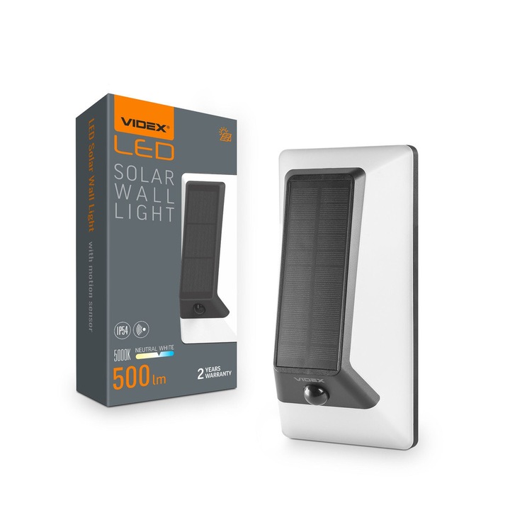 Слънчева лампа VIDEX, модел със сензор за движение, 500lm, бяла, 240x120x75mm, комплект с LiFePO4 батерия
