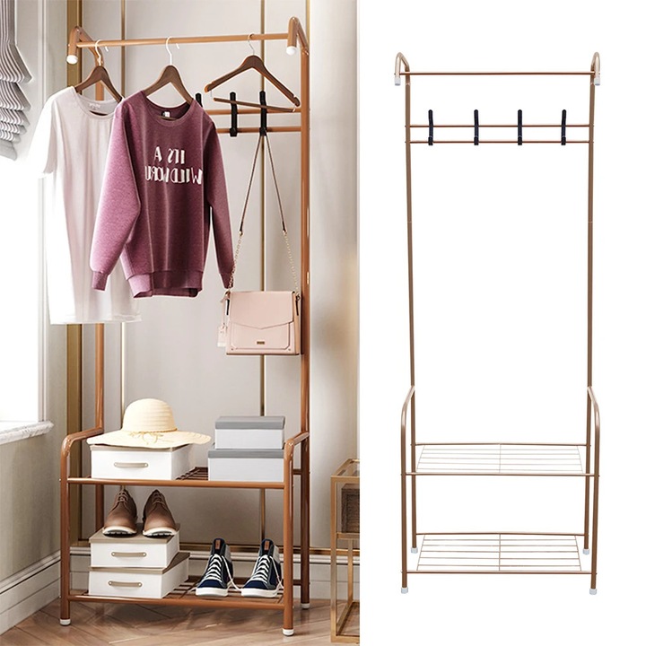 Cuier pentru haine, stativ pentru haine, 4 carlige, 2 rafturi inferioare, antiderapant, muchii rotunjite anti-zgarieturi, necesita asamblare