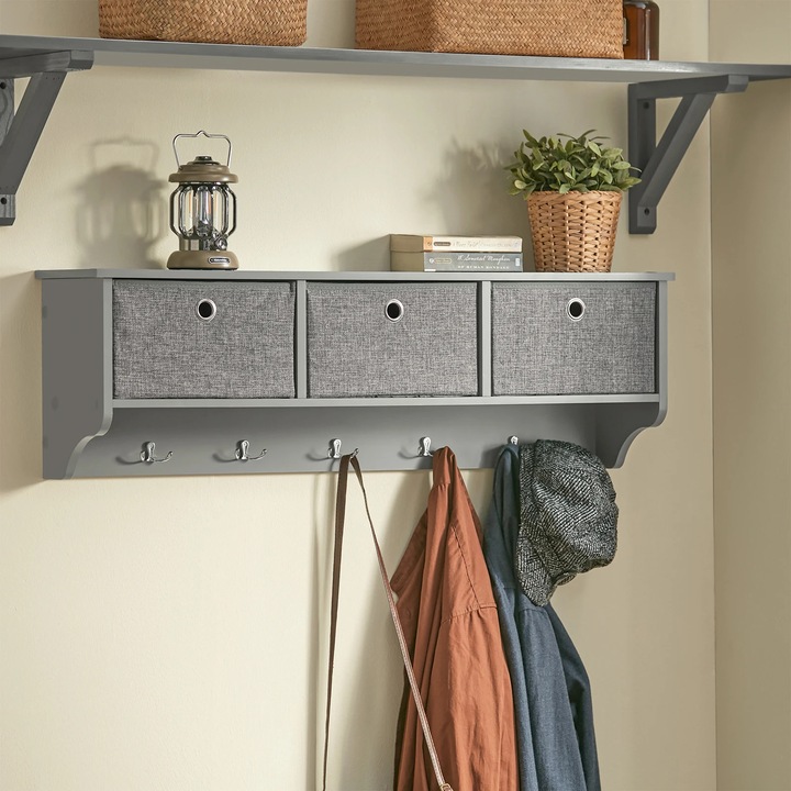 Dulap de perete FRG282, cu 3 coșuri și 5 cârlige, gri deschis, 100x30x20cm