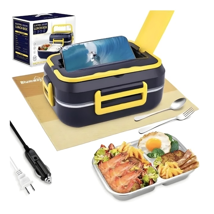 Caserola electrica Barste pentru pranz, maner galben, alimentare 220v/12v, 1.5 l