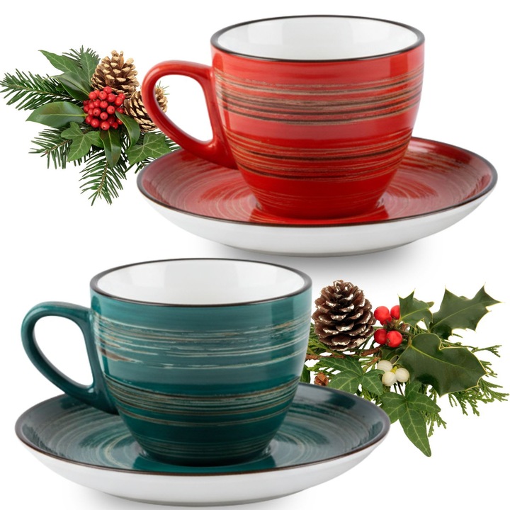 Set 2 cești cafea/2 farfurii, 300 ml, roșu/verde, porțelan, Colorboom, Wilmax England