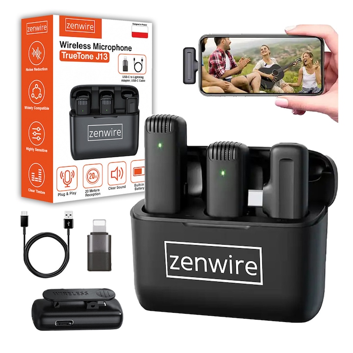 Microfon lavalier wireless, Zenwire, J13, Carcasa de incarcare USB-C, Bluetooth, WiFi 2.4G, Plug & Play, 360°, USB-C/Lightning, raza de actiune 20 m, 8 ore de functionare