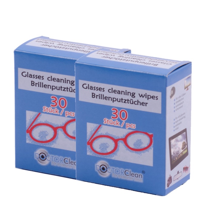 Set 2 x Servetele pentru ochelari Doctor Clean, 30 buc/pachet, curatare lentile, ecrane si suprafete optice