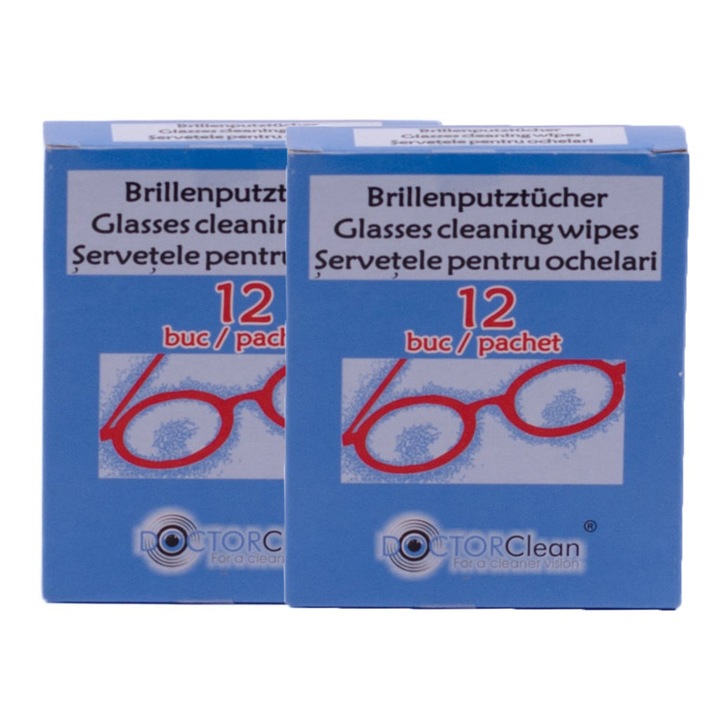Set 2 x Servetele pentru ochelari Doctor Clean, 12 buc/pachet, curatare lentile, ecrane si suprafete optice