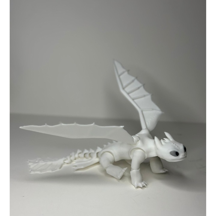 Figurina Dragon Night Fury Toothless, Alb, cu coada si aripi flexibile, How to Train your dragon, printat 3D