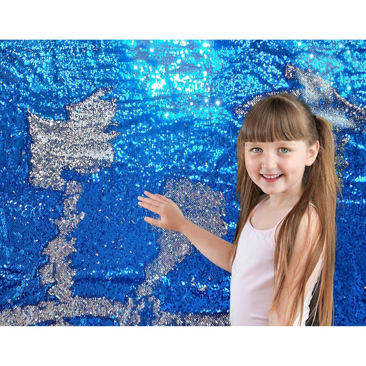 Material Textil cu Paiete Mari 0, 5 cm – Tesatura Sensoriala Interactiva pentru Copii, 125 cm Latime x 457 cm Inaltime, Ideala pentru Pereti, Mese sau Zone de Joaca, Albastru
