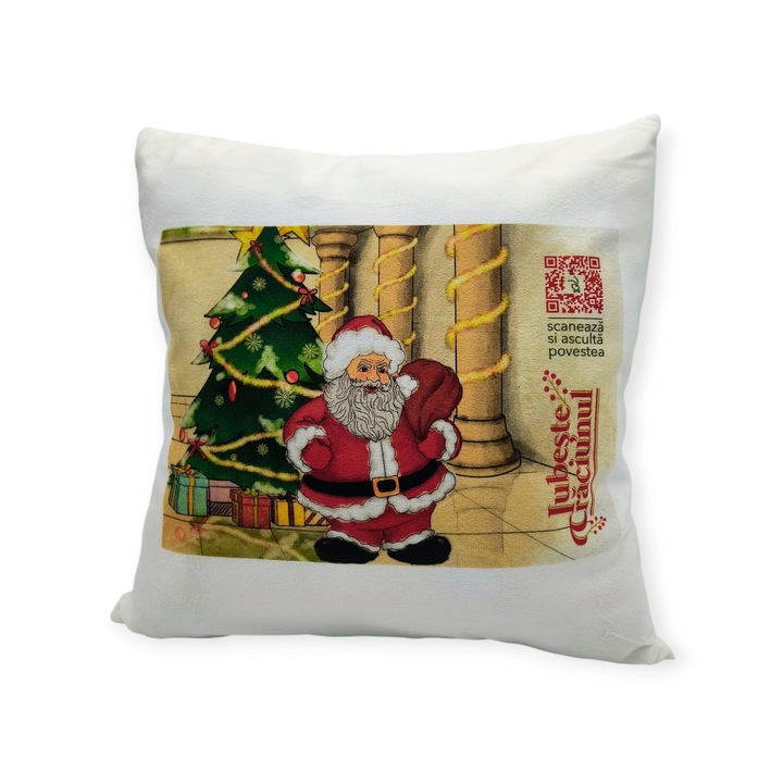 Perna pufoasa cu poveste, Iubeste Craciunul, ilustratie Mos Craciun, 40x40 cm