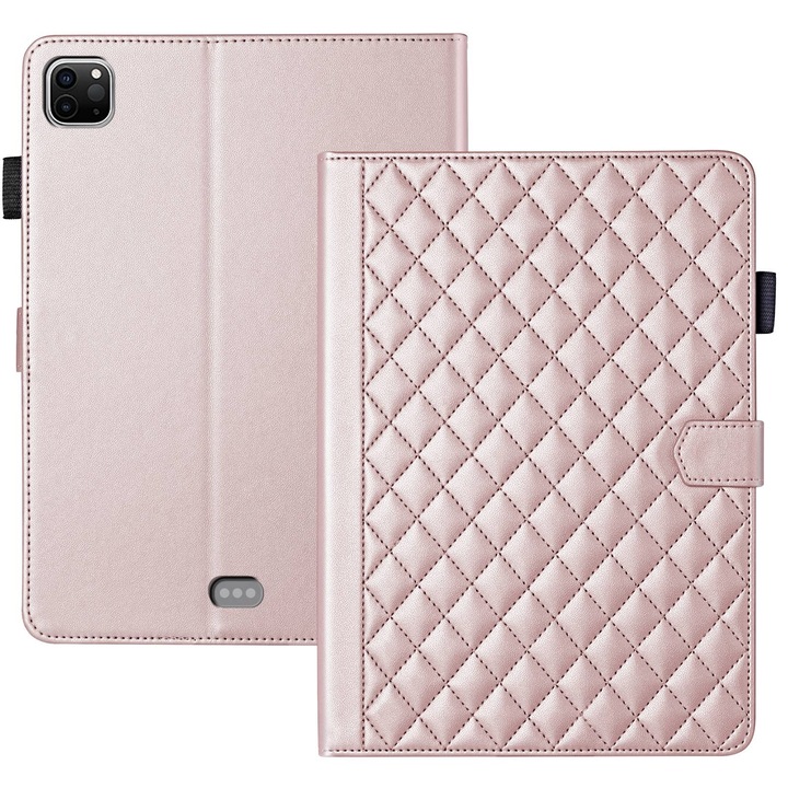 Husa tableta pentru iPad Pro 12.9 2022 / 2021 / 2020 Rhombus Lattice Piele Inteligent, Trandafir Auriu