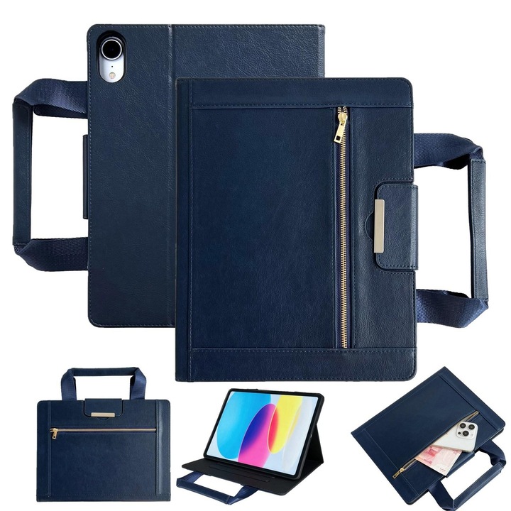 Husa tableta pentru iPad mini 2024, Zipper Handle, Retro, Inteligent Piele, Royal Albastru