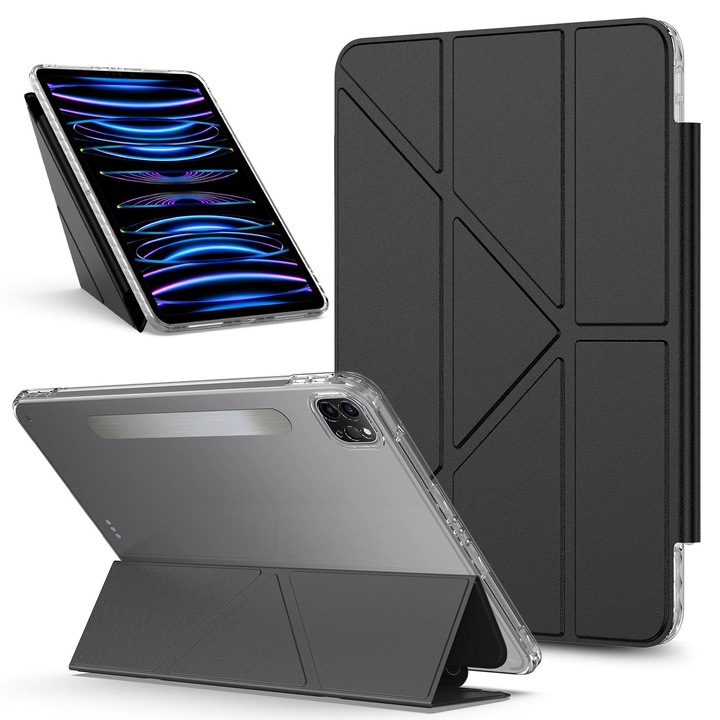 Husa tableta pentru iPad Pro 12.9 2022 / 2021 / 2020 Detachable Backshell, Folding Suport, Inteligent Piele, Negru