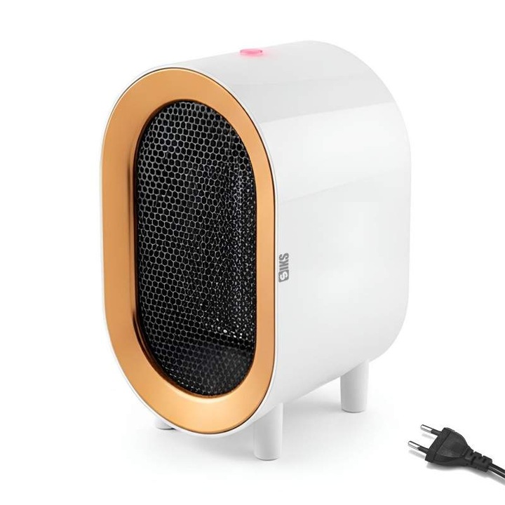 Aeroterma Aer Cald SIKS, Electrica, Mini Incalzitor, Portabil, Incalzire Rapida 1200W, Termostat Reglabil 2 Trepte, Silentios, Cu Protectie Impotriva Supraincalzirii, 130x120x200mm, Alb/Portocaliu