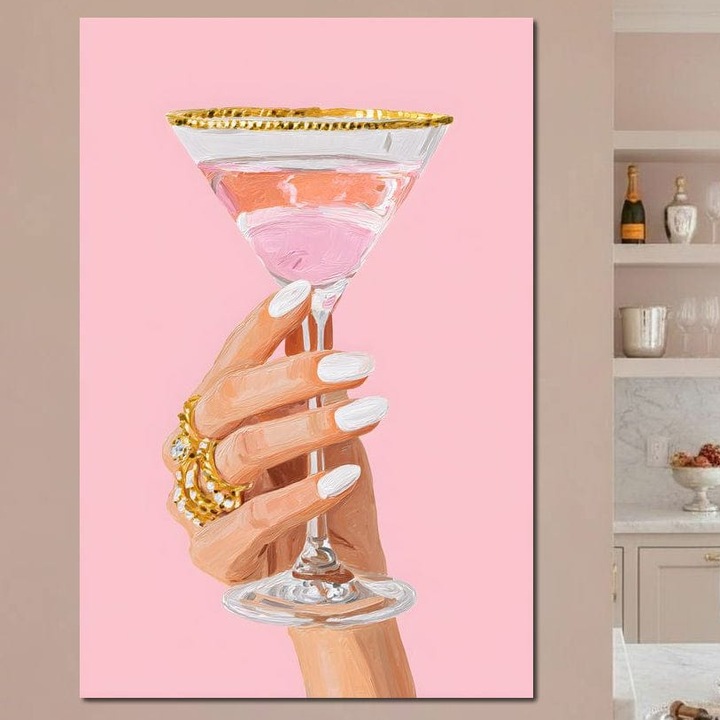 Tablou Canvas Premium, LuxCanva® N1175, Sclipire printre Degete, 80 X 120 CM, Panza Bumbac 100% 400g/m2, Sasiu Lemn, Cocktail, Bautura, Pahar, Bijuterii, Aur, Roz, Pub, Bar, Lounge, Restaurant, Bucatarie
