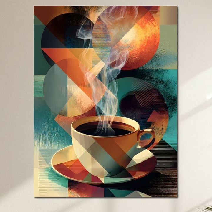 Tablou Canvas Premium, LuxCanva® N1173, Geometria Cafelei, 100 X 135 CM, Panza Bumbac 100% 400g/m2, Sasiu Lemn, Ceasca, Espresso, Design, Cercuri, Arta Abstracta, Cafenea, Pub, Bar, Lounge, Restaurant, Bucatarie