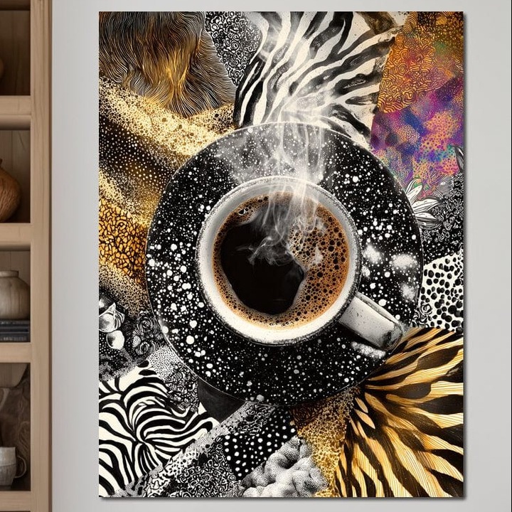 Tablou Canvas Premium, LuxCanva® N1171, Wild Coffee, 100 X 135 CM, Panza Bumbac 100% 400g/m2, Sasiu Lemn, Exotic, Cafea, Espresso, Fierbinte, Safari, Jungla, Cafenea, Pub, Bar, Lounge, Restaurant, Bucatarie