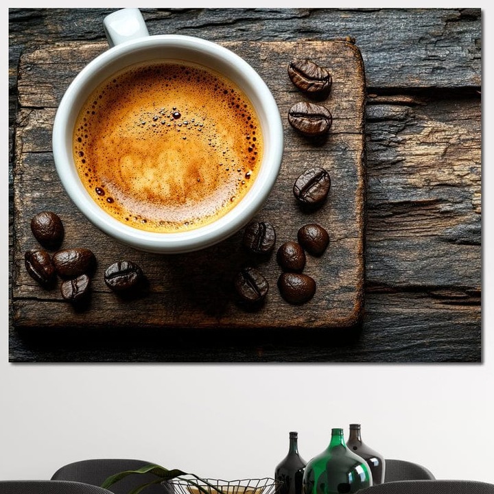 Tablou Canvas Premium, LuxCanva® N1176, Magia Diminetilor, 100 X 135 CM, Panza Bumbac 100% 400g/m2, Sasiu Lemn, Espresso, Boabe de Cafea, Ceasca, Rustic, Lemn, Cafenea, Pub, Bar, Lounge, Restaurant, Bucatarie