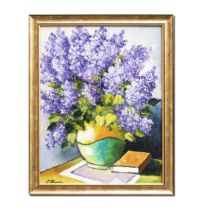 Tablou vaza cu liliac si carte, pictat manual inramat, 55x45cm ulei pe panza, Constantin Feraru