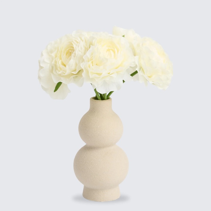 Buchet 3, 5 sau 7 Fire Ranunculus Artificial (Piciorul Cocosului) – 24.5 cm (Vaza Neinclusa) - Alb, 3 Fire