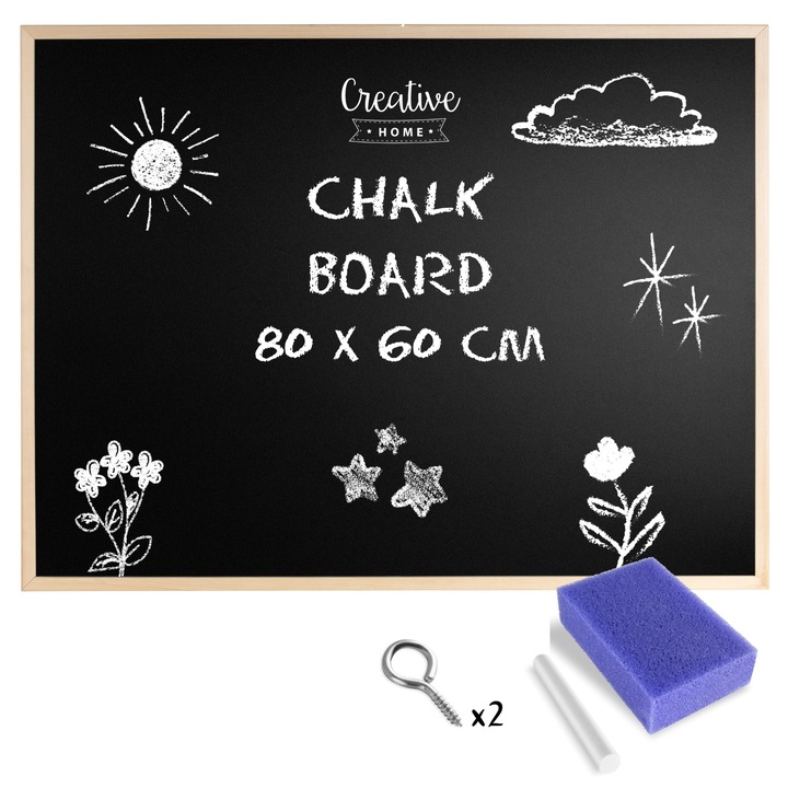 Черна дъска за тебешир, Creative Home, 80x57 см, борова рамка, с тебешир и гъба, окачване на стена, за училище, дом, кухня