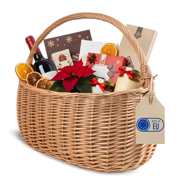 Cos din rachita cu maner, Creative Home, 45 x 26 x 41 cm, Salcie naturala maro groasa tesut manual, cadou de depozitare, ciuperci, pentru picnic