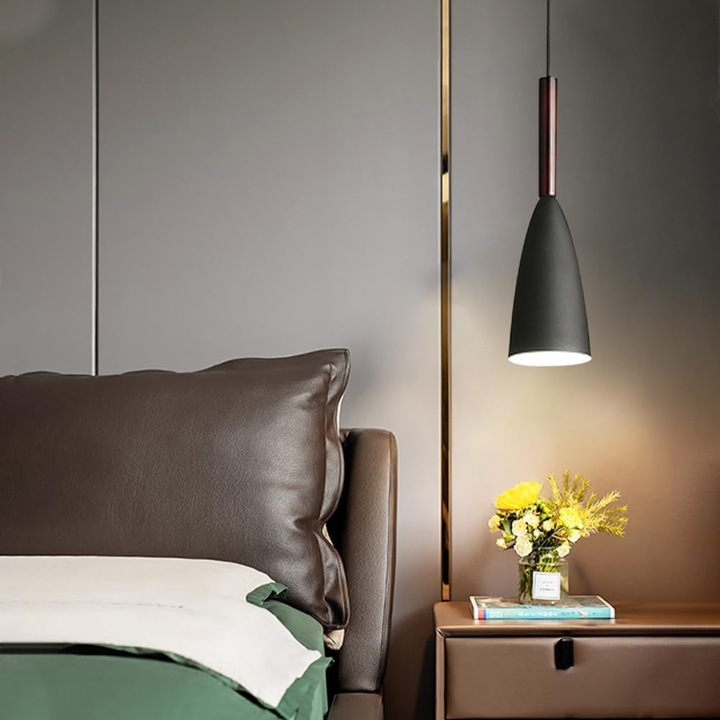 Corp de iluminat tip Pendul retro elegant din fier cu insertii de lemn, AB Luxury Concept®, E27, conic, Stil vintage, pentru interior, design premium, Negru si Maro, Metal si lemn, dimensiuni 10x40cm, lungime cablu 100cm